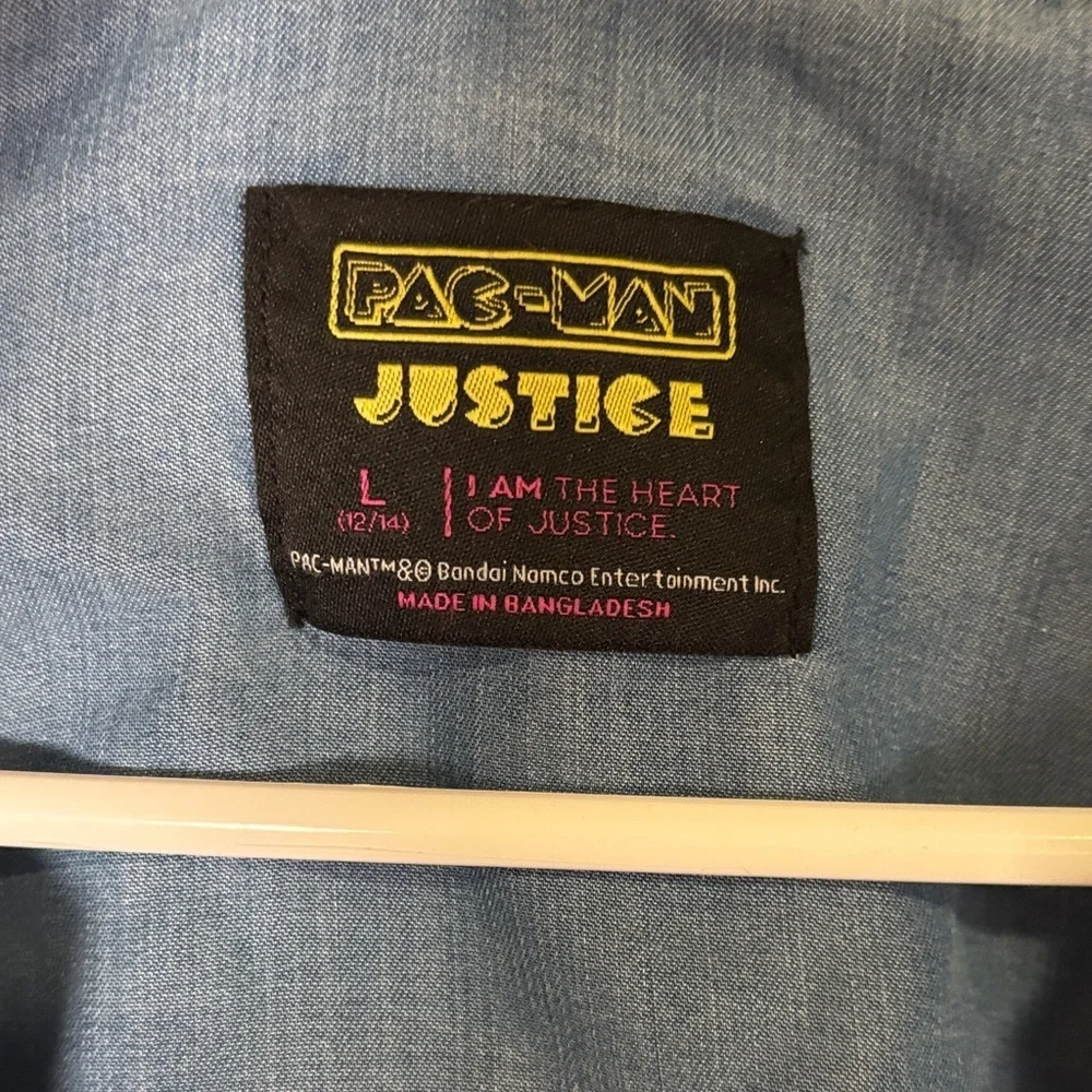PAC-MAN Justice Denim Button Up Shirt Girls L 12/14 Retro Gamer Y2K Chambray